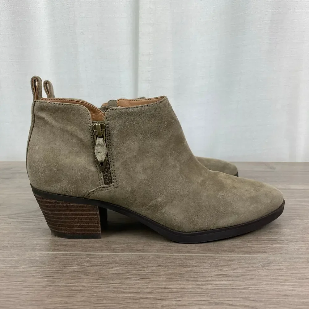 Vionic Stone Tan Gray Suede Cecily Waterproof Block Heel Booties Sz.8.5